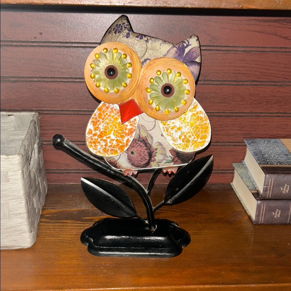 Colorful Owl Figurine on Black Stand
